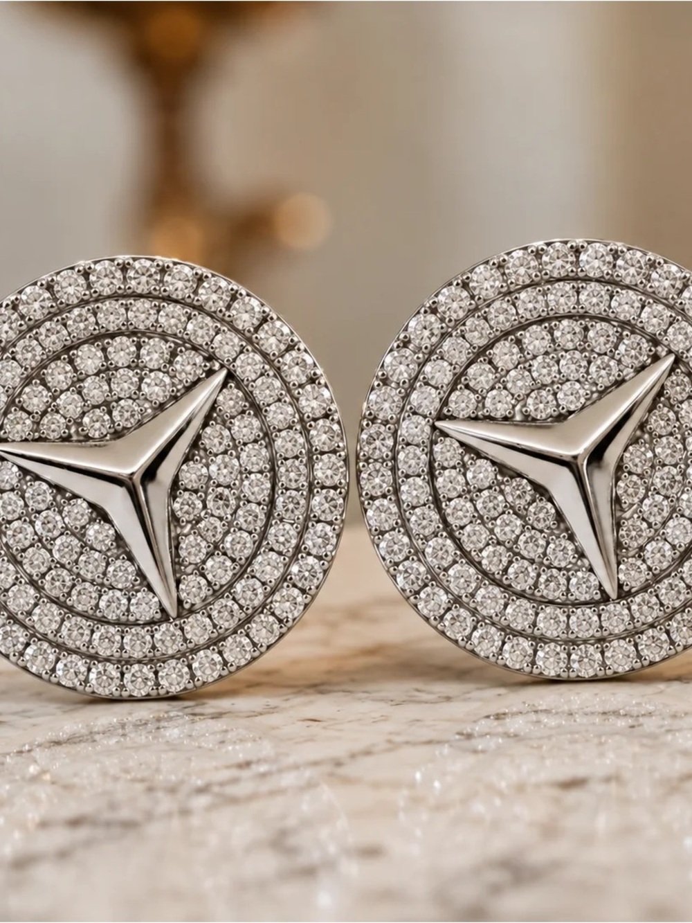 Mercedes Benz .925 Sterling Silver CZ Pavé Logo Round Cufflinks Men